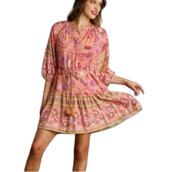 UMGEE Floral Short Dress Rose Gold Tassel Belt 3/4 Puff Sleeve Boho Flowy Large - Picture 1 of 11